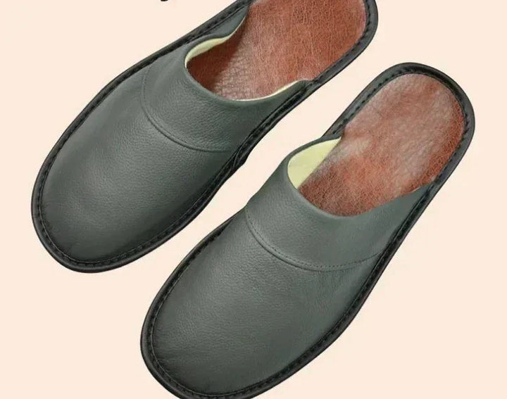 Top view of stylish men's house slippers. Essential indoor footwear for home comfort and men's style.