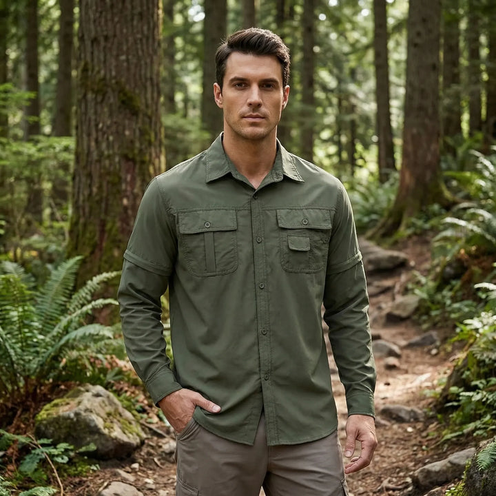 Men's convertible hiking shirt with zip-off sleeves, perfect for adaptable outdoor adventures. Quick-dry & sun protection.