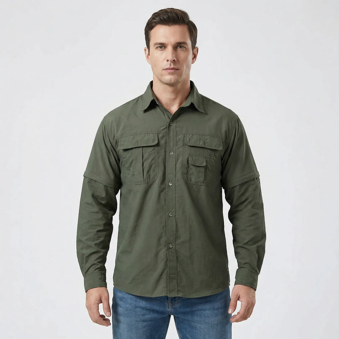 Men's travel shirt in a neutral color, featuring practical zip-off sleeves for easy conversion to a short-sleeve.
