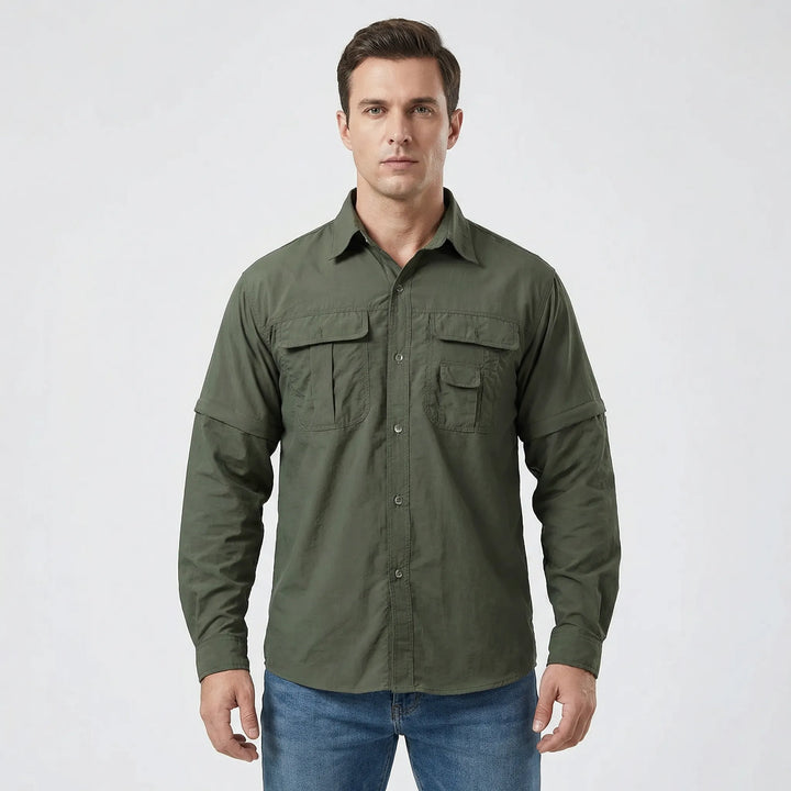 Men's travel shirt in a neutral color, featuring practical zip-off sleeves for easy conversion to a short-sleeve.