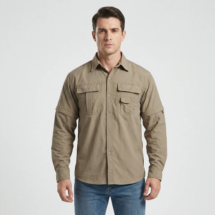 Outdoor men's shirt with zip-off sleeves, shown as short-sleeve. Great for warm weather, quick-dry & sun protection.