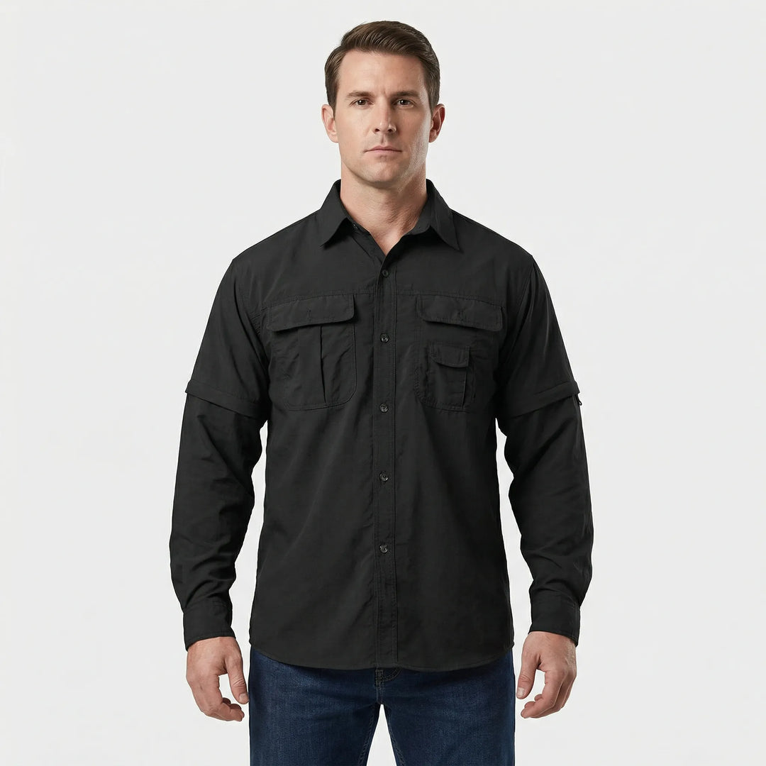 Durable men's adventure shirt with zip-off sleeves, offering sun protection & quick-dry comfort for any outdoor trip.