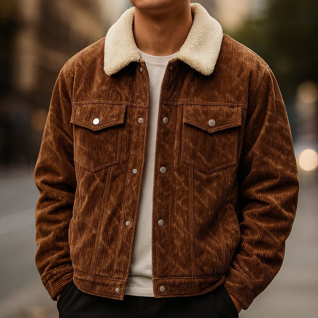 Men's corduroy sherpa-lined jacket, warm winter coat for casual style, button-up outerwear