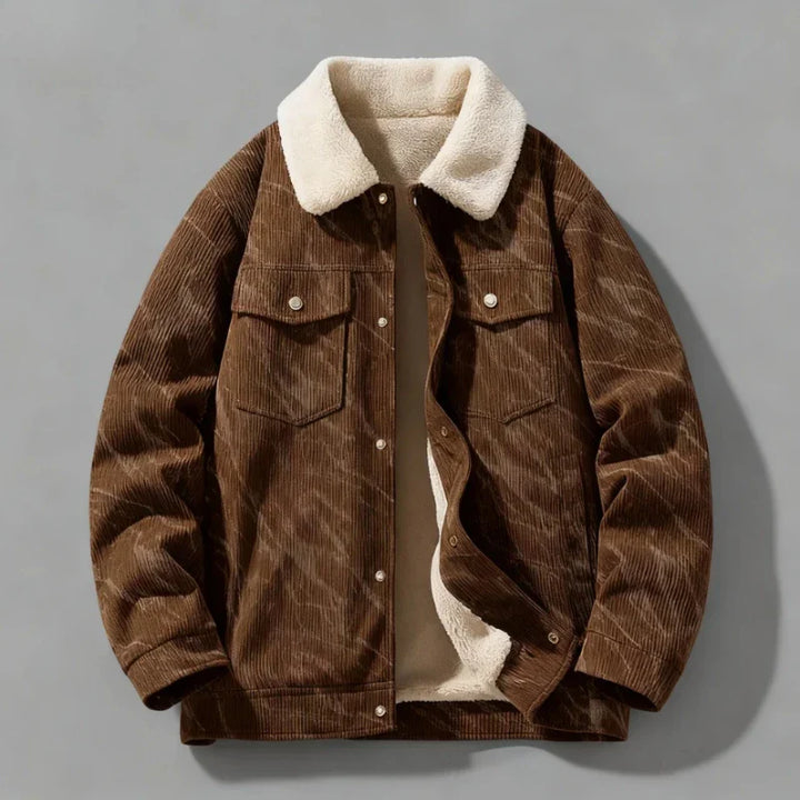 Back view of a men's corduroy sherpa-lined jacket, showcasing its full design and texture