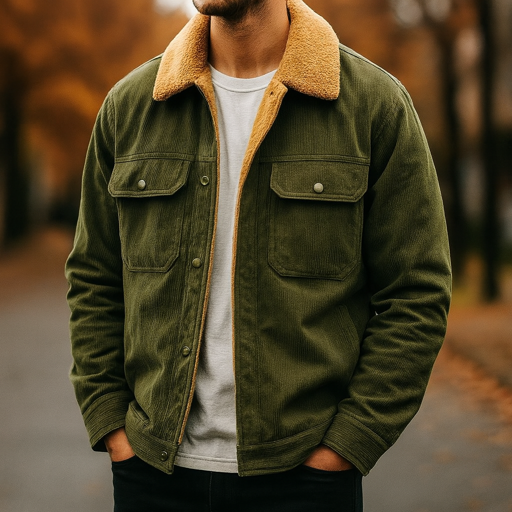 Brown men's corduroy jacket with soft sherpa lining, perfect for winter warmth and fall fashion.