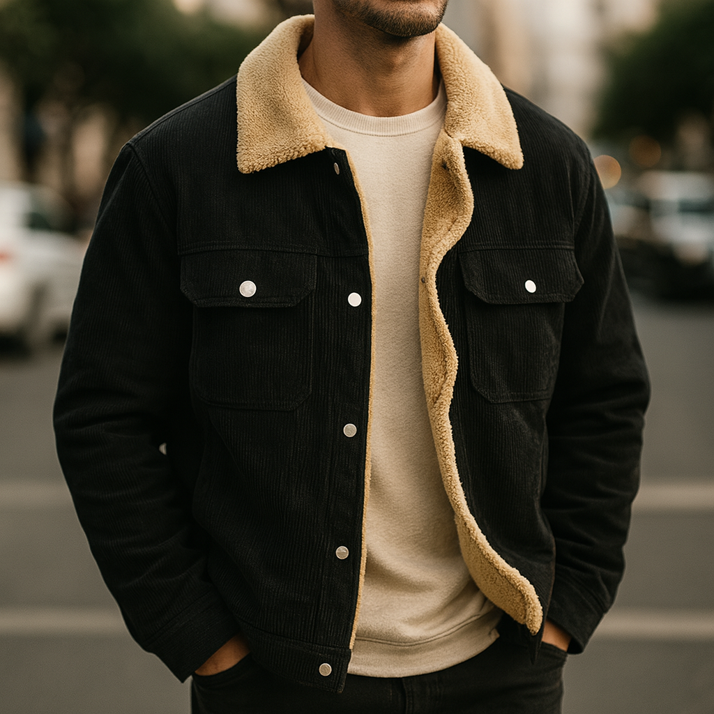 Stylish men's corduroy winter coat, sherpa lined for extra warmth, an essential casual outerwear piece.