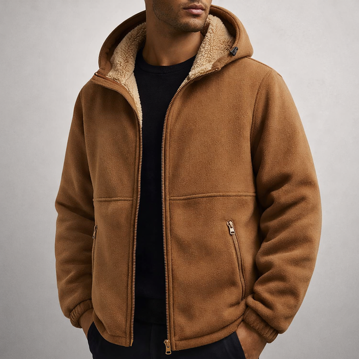 Men's cozy fleece zip-up jacket in black, perfect for warm, casual wear in cold weather.