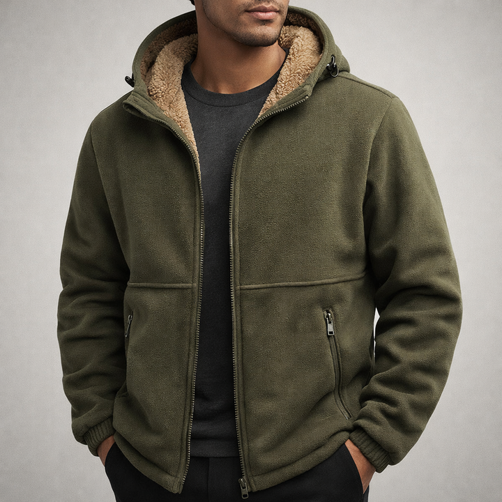 Front view of a men's collared fleece zip-up jacket, soft and ideal for outerwear.