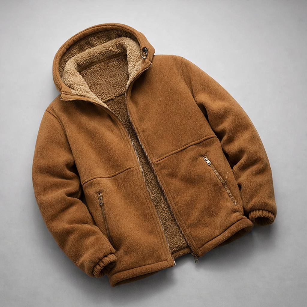 Side profile of a man wearing a warm, black fleece zip-up jacket, ready for cold weather.