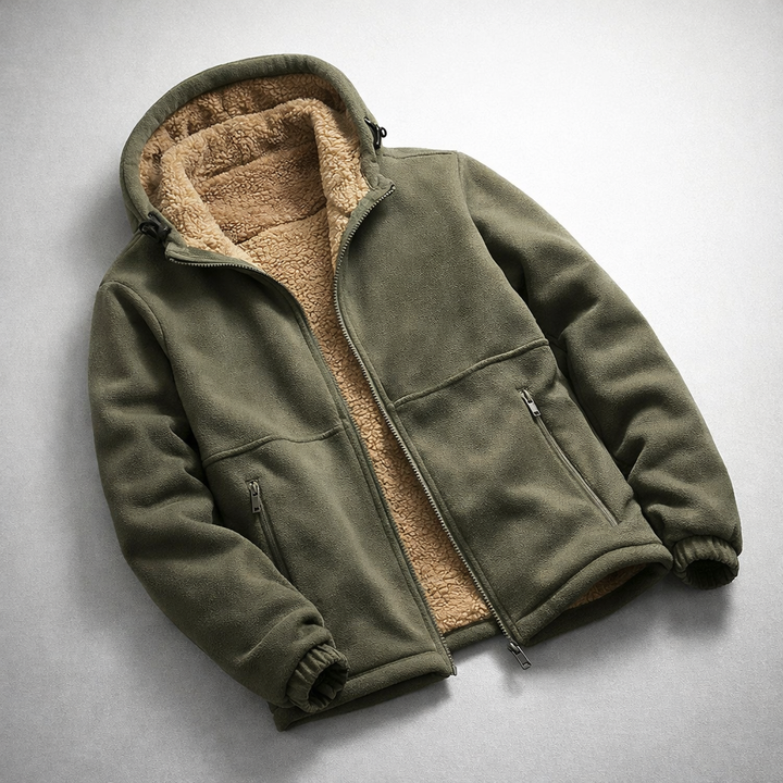 Back view of a men's cozy fleece zip-up jacket, emphasizing its soft collared design.