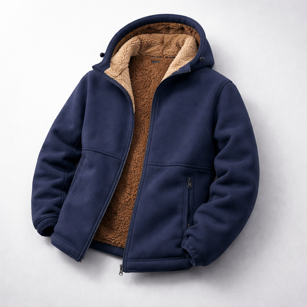 Men's casual fleece jacket with functional zip pockets, great for cold weather outerwear.