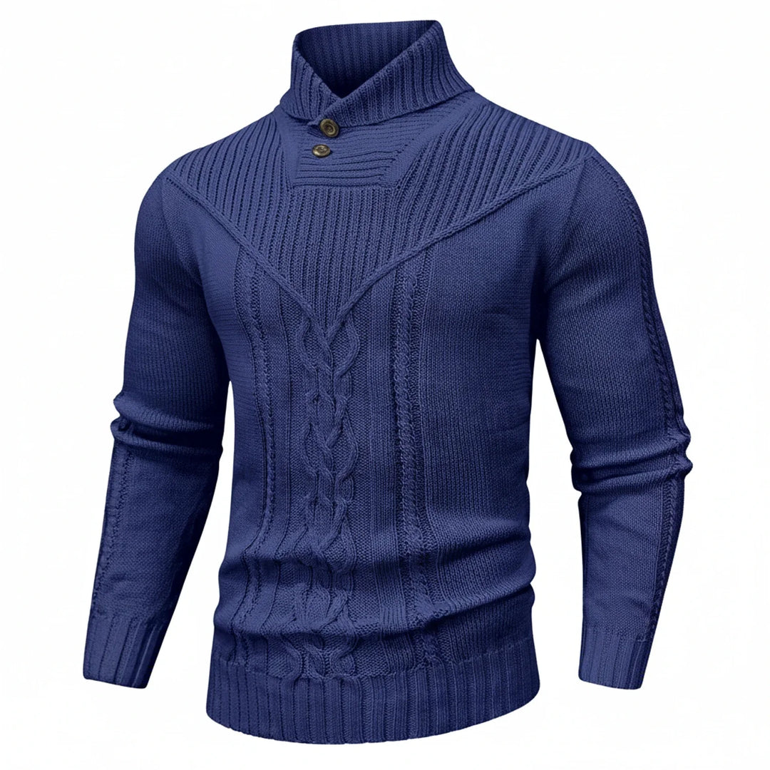 Stay warm in this cozy men's cable knit sweater with a stylish shawl collar. Ideal winter fashion & men's apparel.