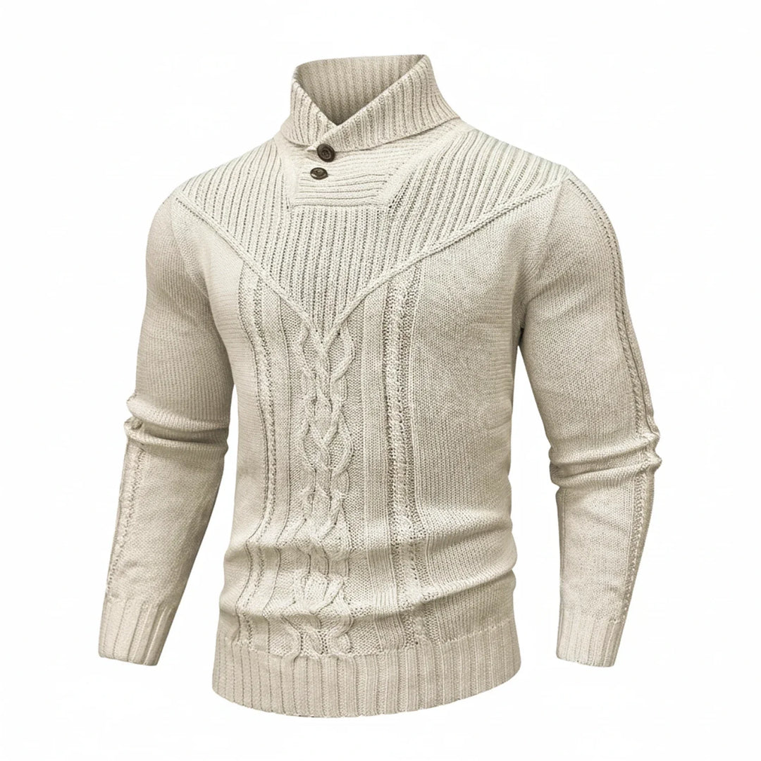 Stylish men's cable knit sweater featuring a shawl collar. A warm and cozy addition to your winter fashion wardrobe.
