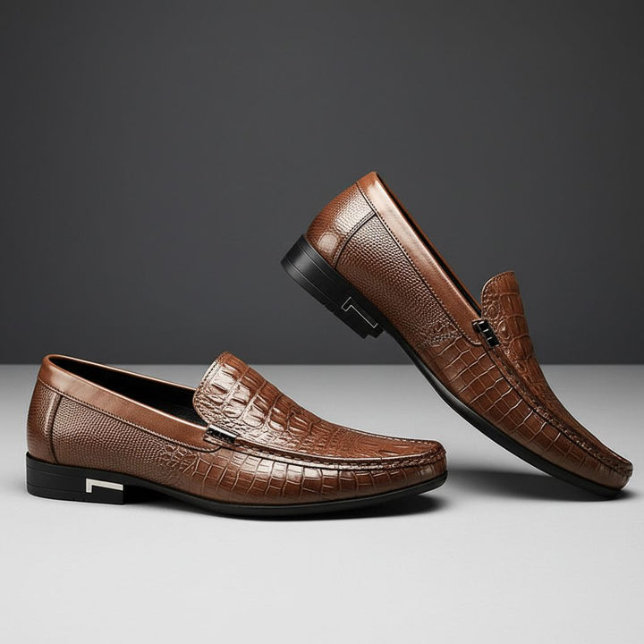 Stylish men's textured crocodile embossed loafers. Comfortable slip-on dress shoes for formal or casual outfits.