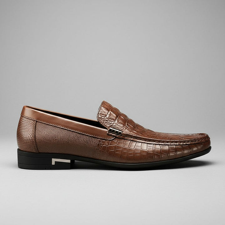 Professional men's slip-on loafers with elegant crocodile embossed pattern. Easy to wear dress shoes for fashion-forward men.