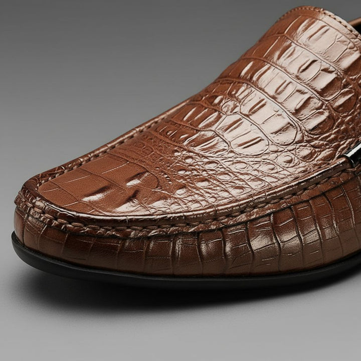 Height enhancing men's crocodile embossed slip-on loafers. Versatile formal or casual dress shoes for men's fashion.