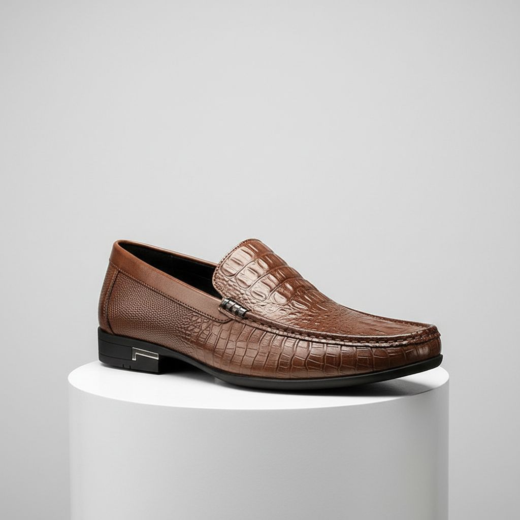 Luxurious men's crocodile embossed slip-on loafers. Dress shoes suitable for business, events, or stylish casual wear.