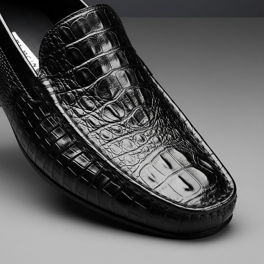 Unique crocodile embossed men's slip-on loafers. Elegant formal and casual footwear, offering comfort and style.