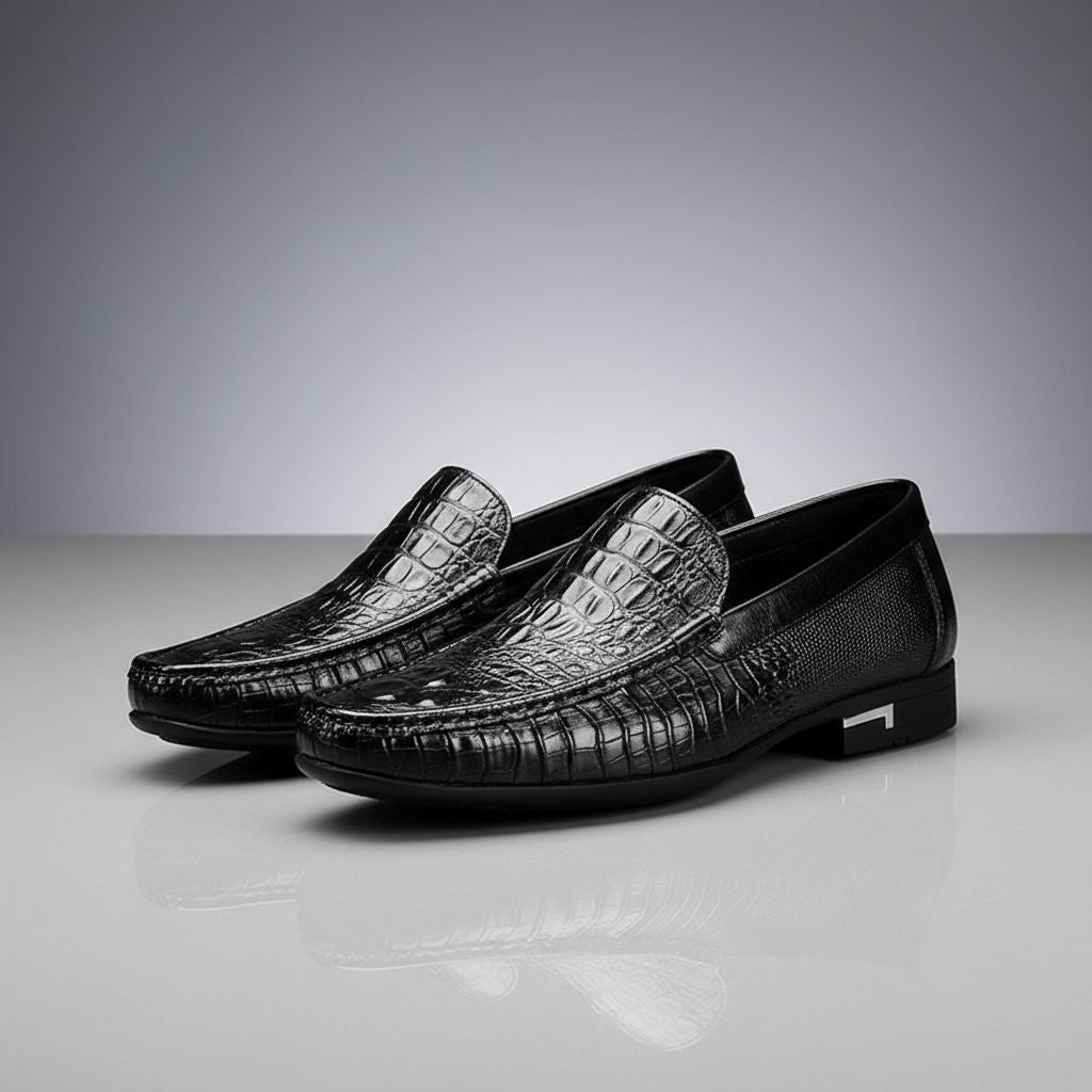 Dressy men's crocodile embossed slip-on loafers. Versatile professional footwear, suitable for any formal or casual occasion.