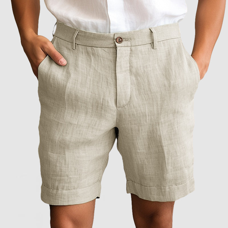 Tailored men's flat front chino shorts with cuffs, perfect for smart casual summer outfits.