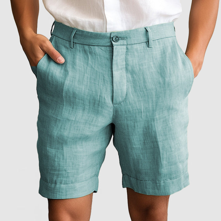 Close-up of the stylish cuff on men's flat front dress shorts, ideal for warm weather.