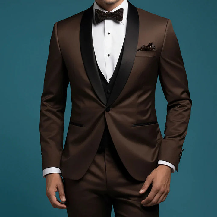 Men's dark brown formal suit with black shawl lapel, perfect for weddings, parties & black-tie events. Slim fit elegance.