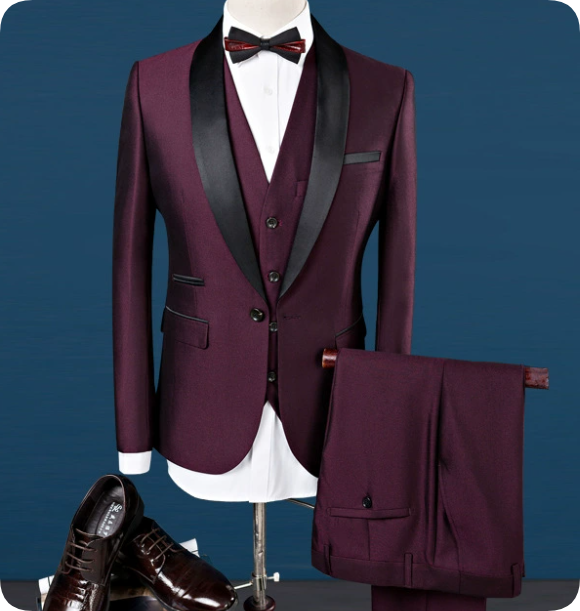 Elegant dark brown men's 3-piece suit featuring a stylish black shawl lapel. Ideal formal wear for weddings & parties.