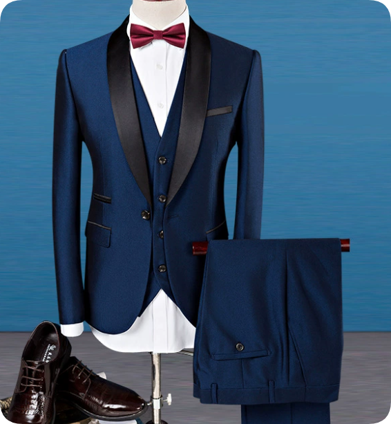 Stylish men's slim fit dark brown formal suit. Black shawl lapel tuxedo style, ideal for elegant wedding or party attire.