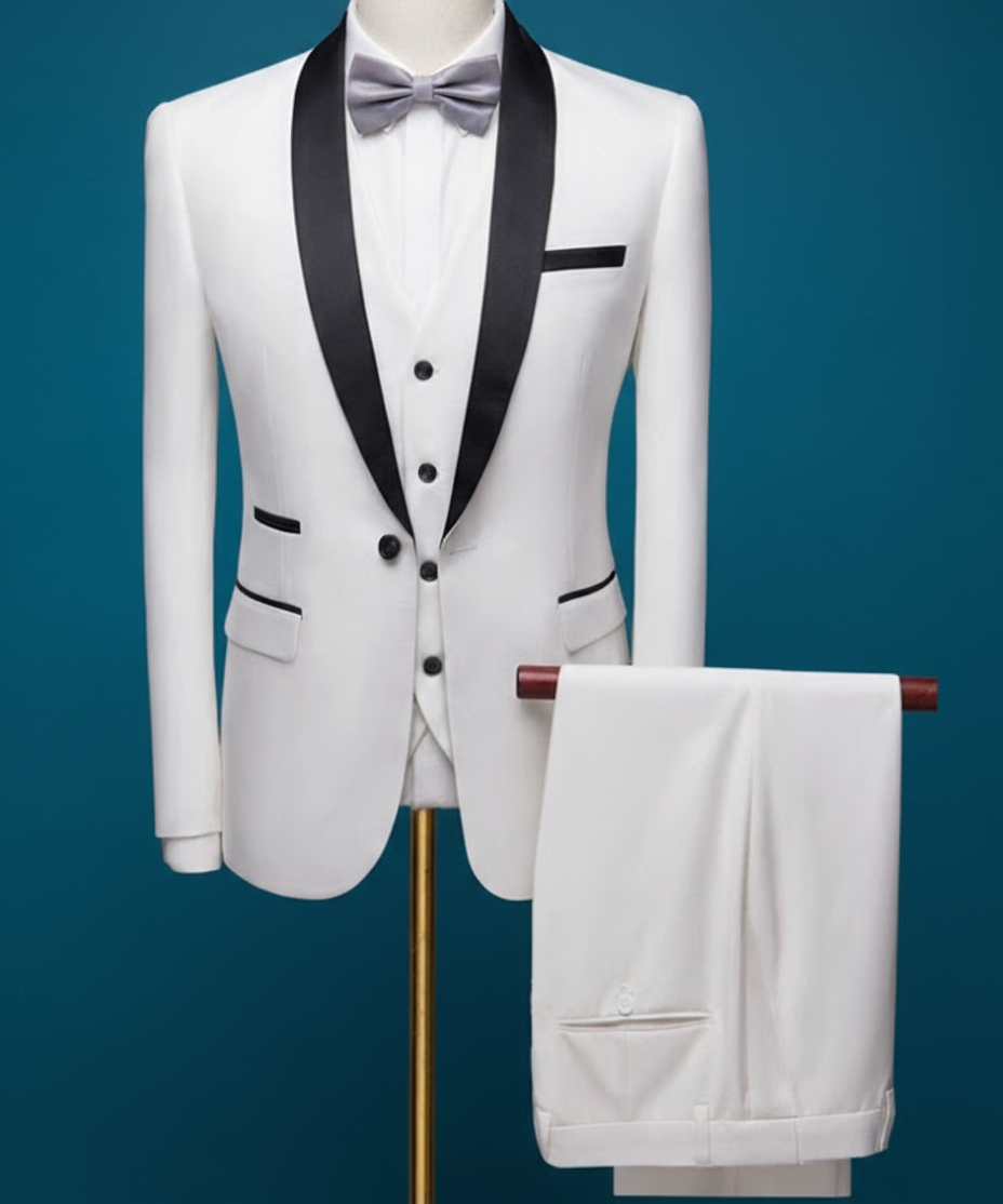 Sophisticated men's dark brown formal suit with distinctive black shawl lapel. A perfect slim-fit choice for special events.