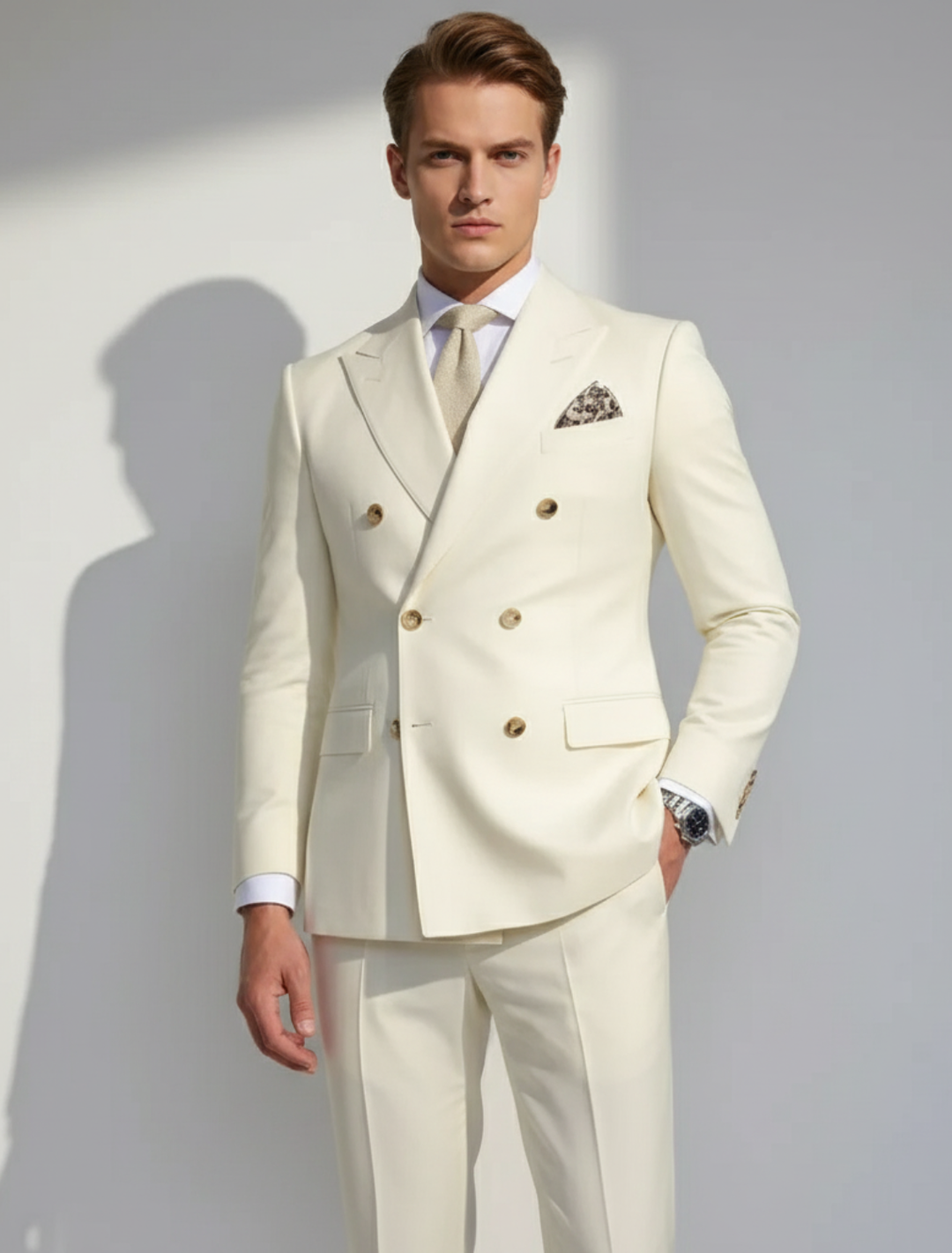 Men's double-breasted cream suit set, tailored for formal spring & summer events. Stylish men's formal wear.