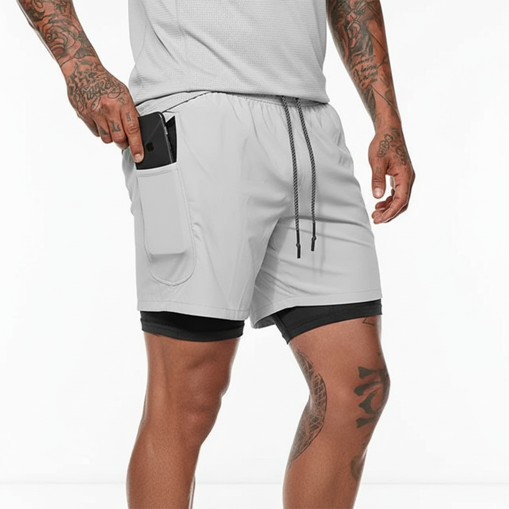 Side view: Men's double layer running shorts by RunVibeX, showcasing ergonomic design & secure athletic fit.