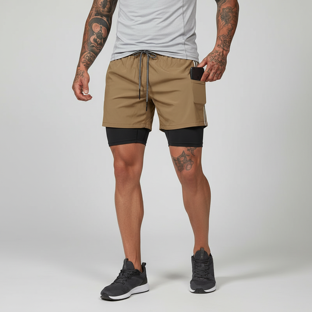 Men's double layer fitness shorts in action, providing comfort & support for peak athletic performance.