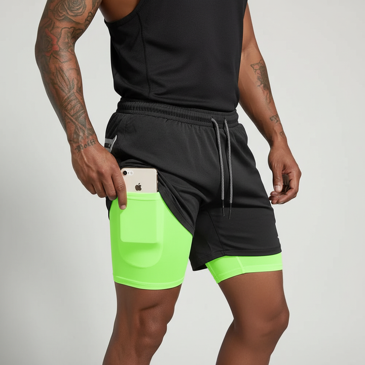 Secure fit men's sport shorts, double layer for optimal movement and modern athletic style during activity.
