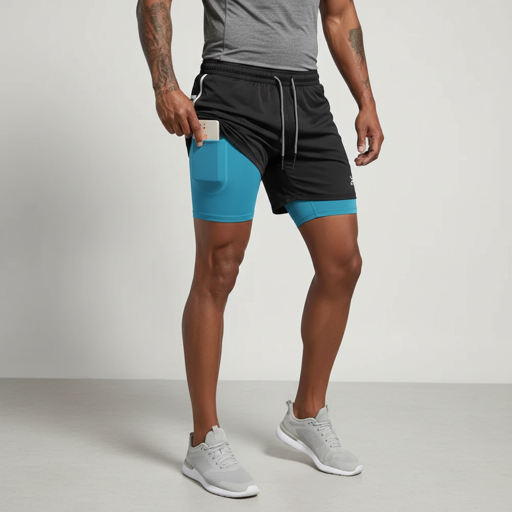 RunVibeX men's double layer running shorts, engineered for ultimate comfort & secure fit during all runs.