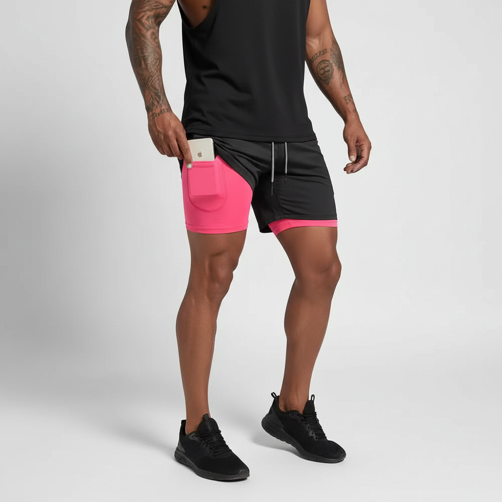 High-performance men's training shorts, double layer for breathable comfort & durability in activewear.