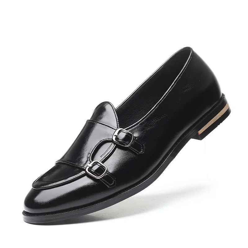 Close-up of men's double monk strap loafer, genuine leather, silver buckles