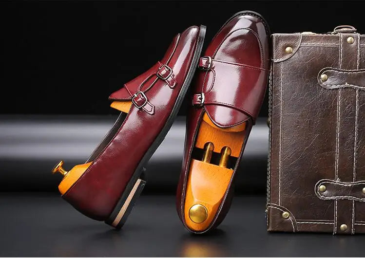 Men's casual brown leather loafers with double monk strap detail, comfortable