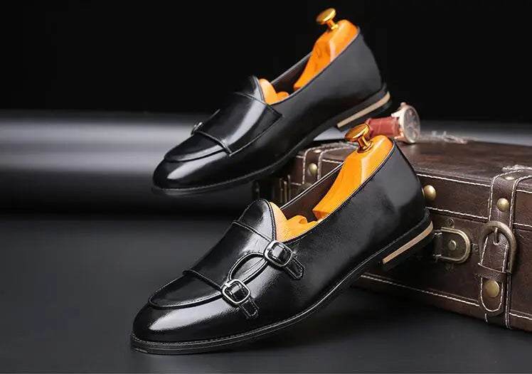 Fashionable men's double monk strap shoes, high-quality leather, versatile style