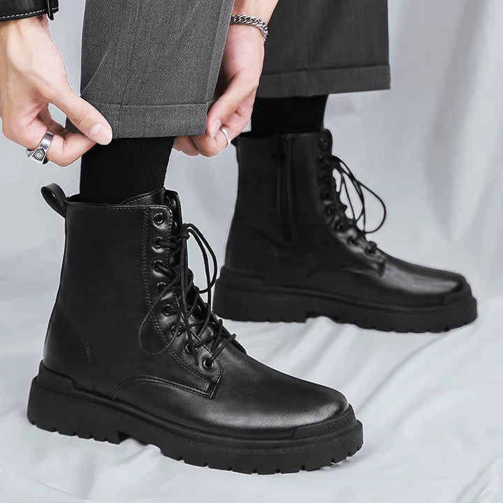 Men's durable black combat ankle boots with lace-up front and convenient side zipper for rugged outdoor or casual wear.
