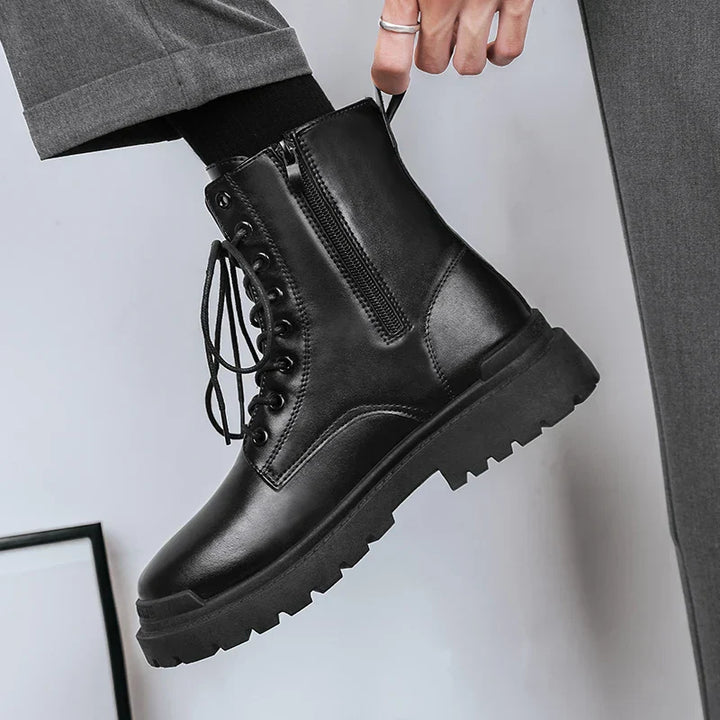 Durable men's combat boots, black, perfect for outdoor activities or tactical use, with secure lace & side zip.