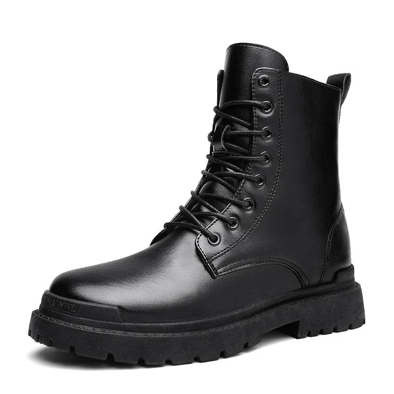 Stylish men's black ankle combat boots with a practical lace-up design and easy-access side zipper for daily wear.