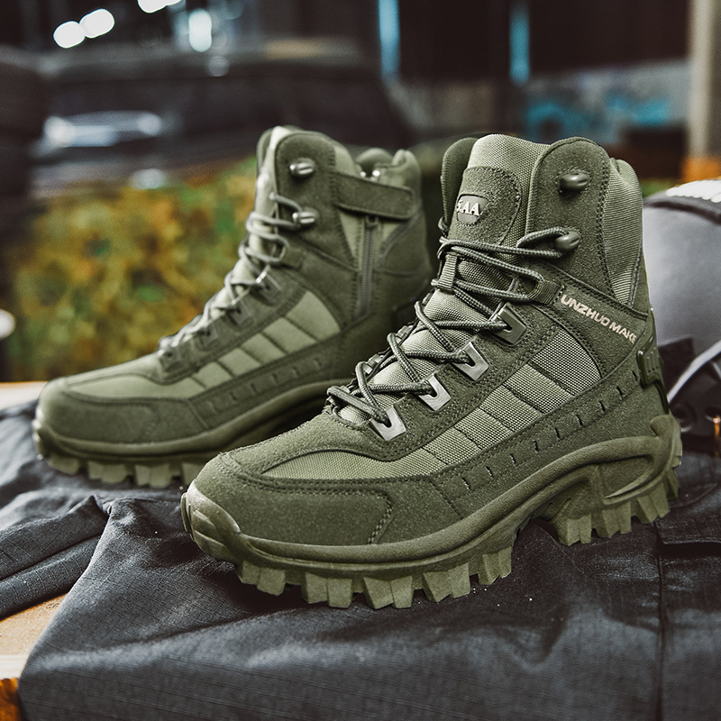 Brown tactical men's work boots, waterproof & durable, ideal for harsh outdoor environments.