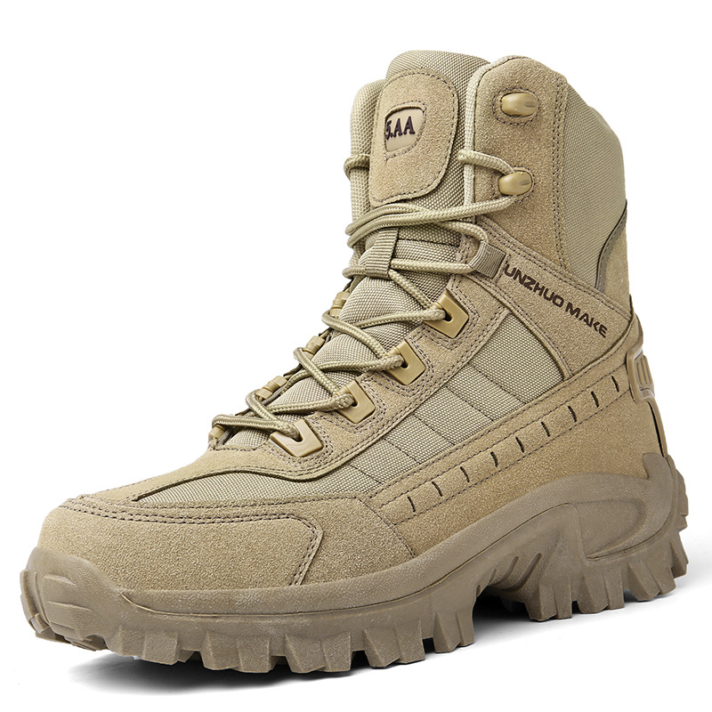 Sturdy beige men's outdoor footwear with ankle support, ideal for tough jobs.