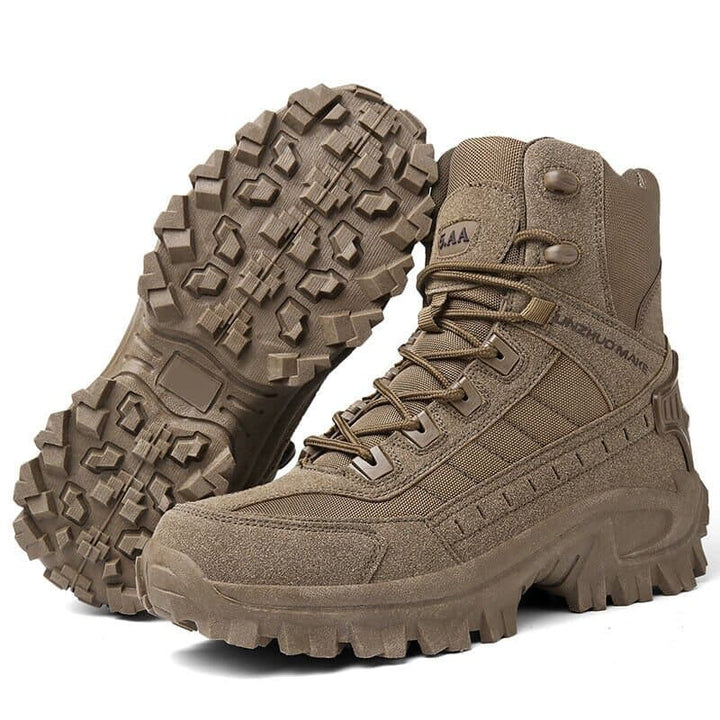 Green men's hiking boots with strong laces & reinforced sole for challenging trails.