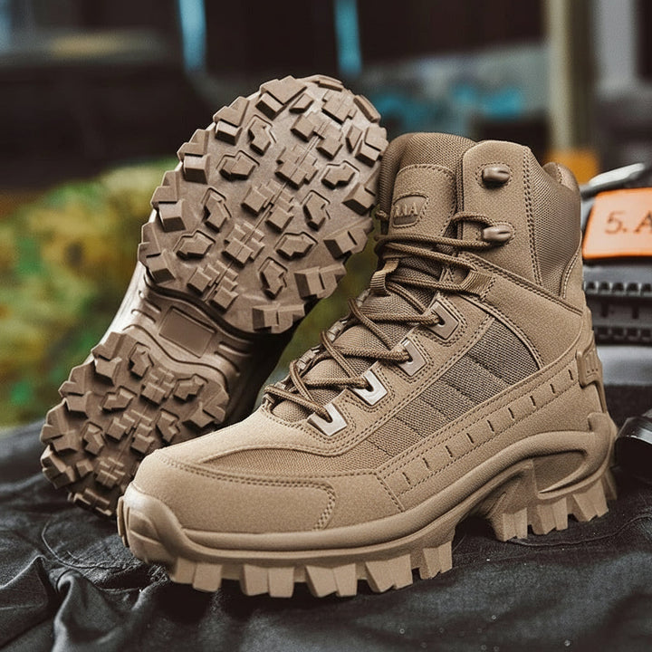 Beige men's lace-up winter boots, durable and comfortable for cold weather outdoor activities.