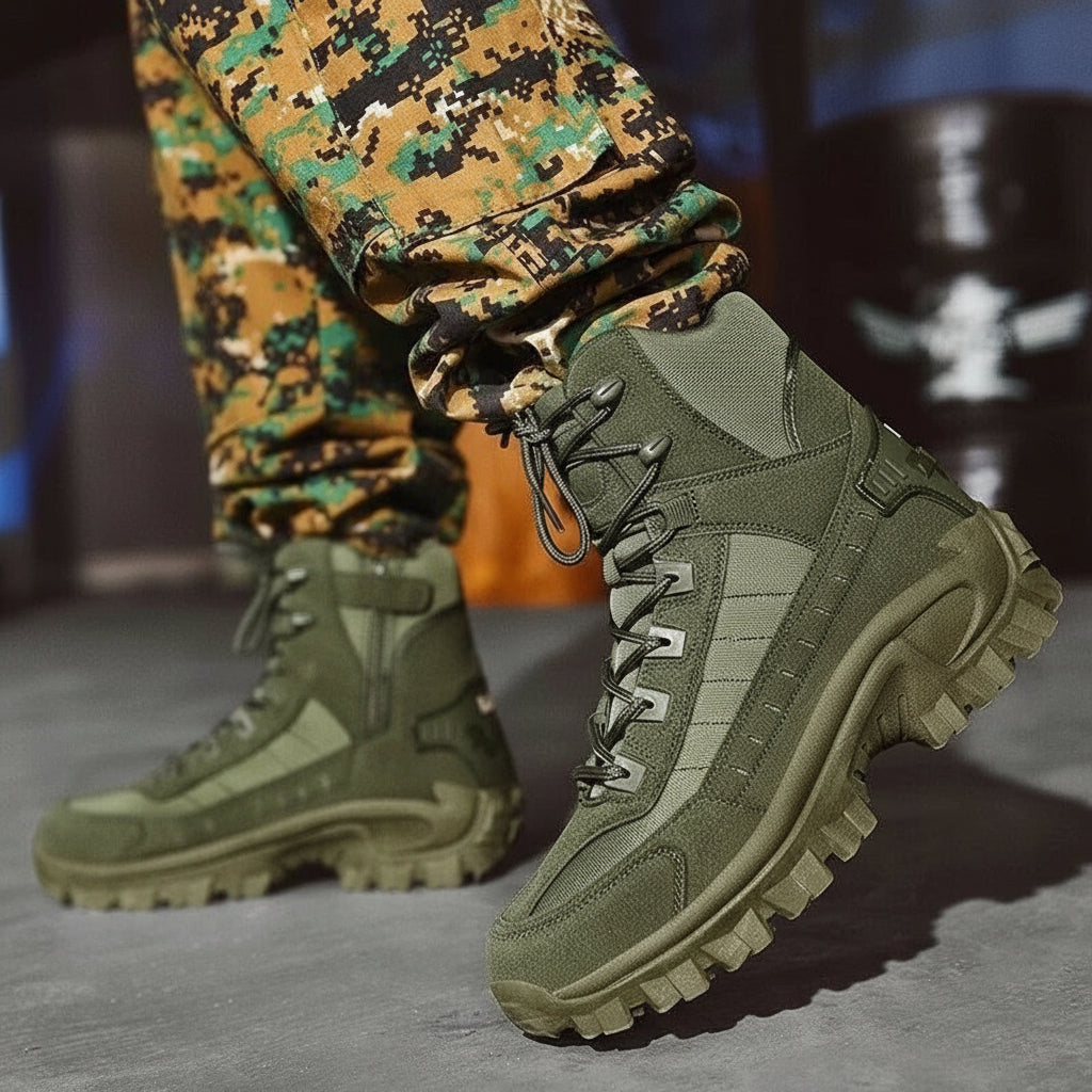 Green men's outdoor winter boots, durable footwear for comfortable everyday cold weather wear.