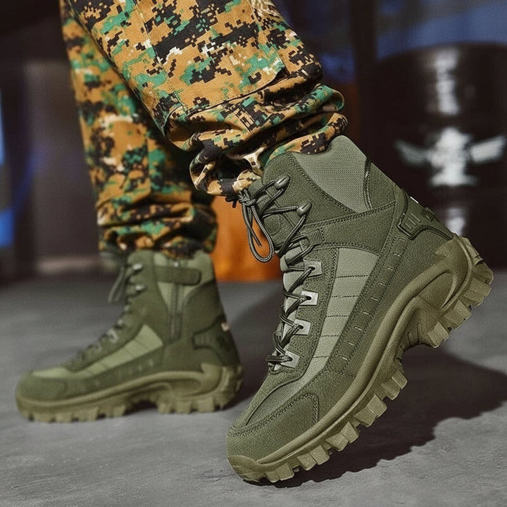 Green men's outdoor winter boots, durable footwear for comfortable everyday cold weather wear.