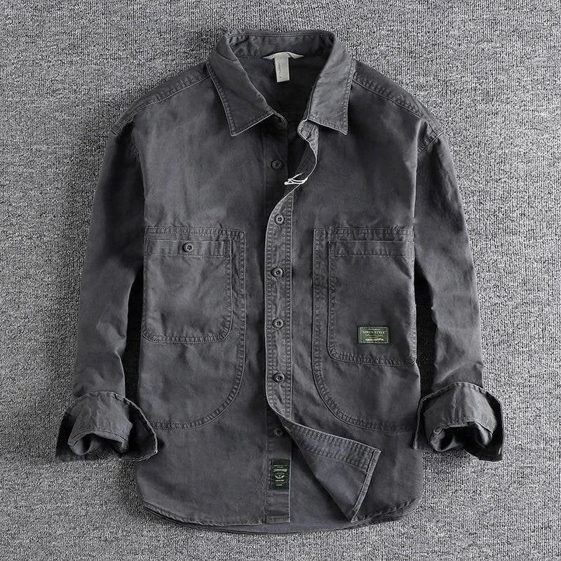Olive long-sleeve men's field shirt, a versatile and durable choice for rugged style, casual or workwear.
