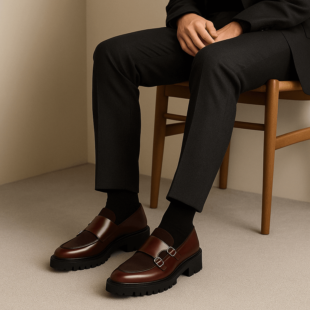 Men's stylish camel slip-on monk strap loafers featuring an elegant dual buckle design.