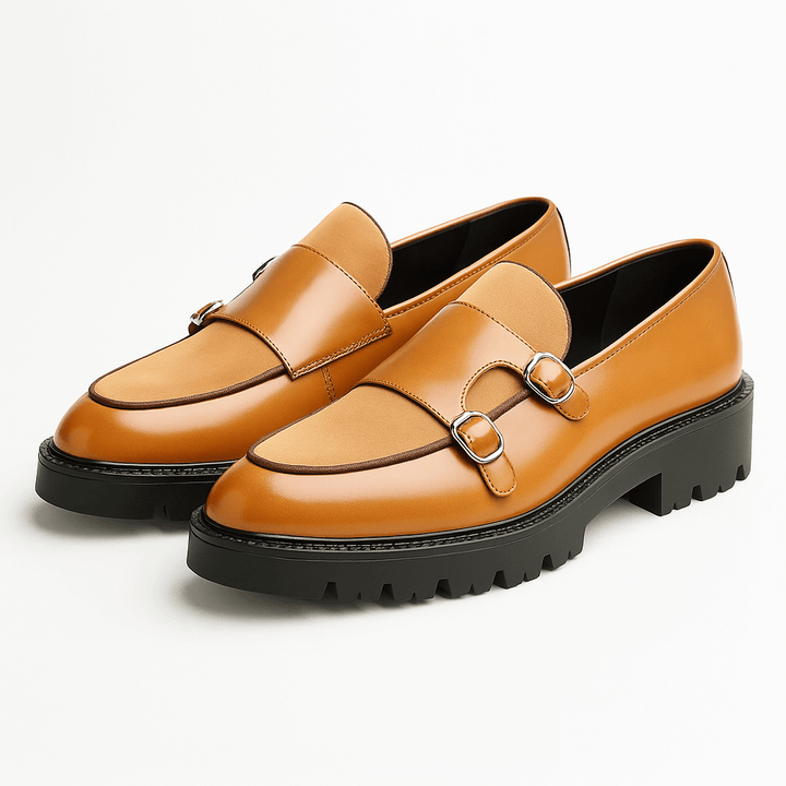 Green men's dress shoes: elegant dual buckle monk strap loafers suitable for formal fashion.